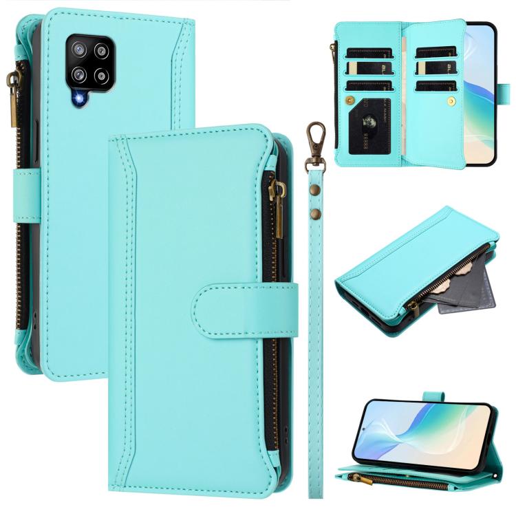 Custodia in pelle con chiusura magnetica, 9 scomparti per carte e cerniera, con cinturino da polso., For Samsung Galaxy A42 5G / M42 5G, For Samsung Galaxy A32 4G, For Samsung Galaxy A02 / M02, For Samsung Galaxy A72 5G / 4G