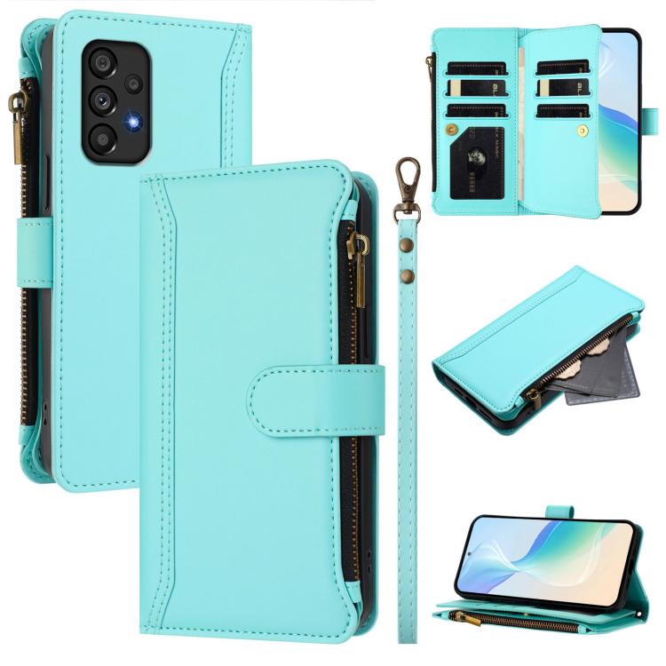 Custodia in pelle con chiusura magnetica, 9 scomparti per carte e cerniera, con cinturino da polso., For Samsung Galaxy A13 5G / 4G / A04s, For Samsung Galaxy A22 5G / A22s / F42, For Samsung Galaxy A53 5G, For Samsung Galaxy A73 5G