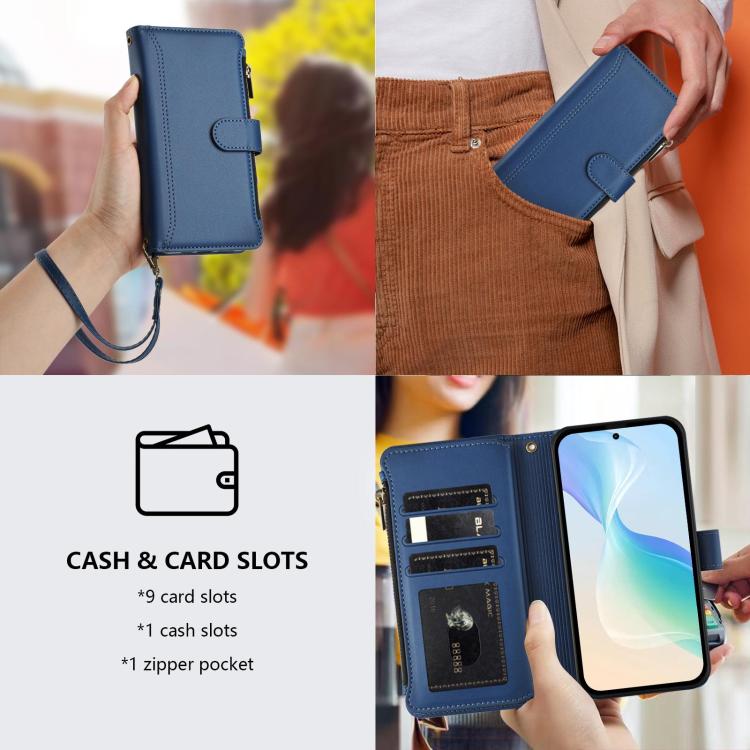 Custodia in pelle con chiusura magnetica, 9 scomparti per carte e cerniera, con cinturino da polso., For Galaxy A27 5G, For Samsung Galaxy A06 4G / 5G, For Samsung Galaxy A56 5G, For Samsung Galaxy A26 5G