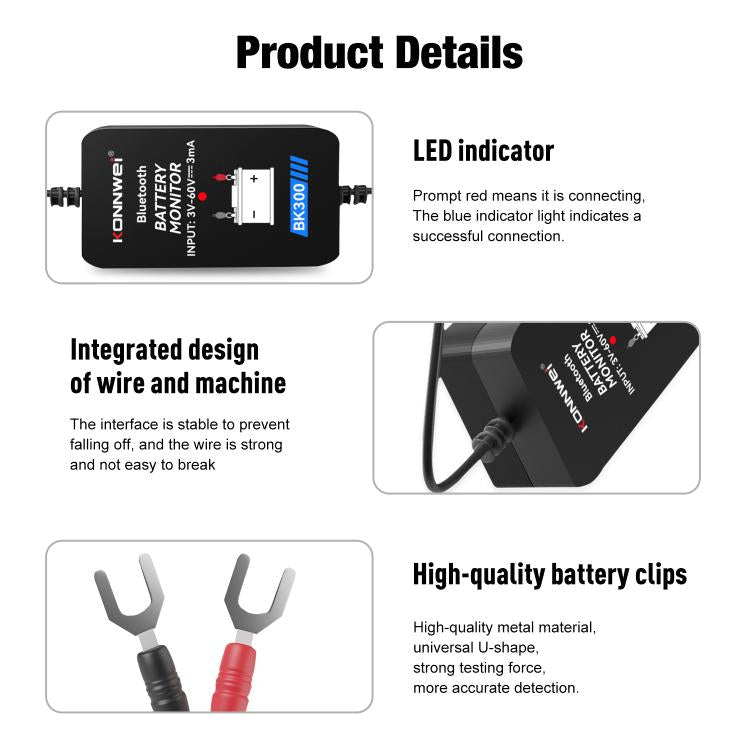 Strumento diagnostico per il monitoraggio della batteria dell'auto KONNWEI BK300 6V / 12V / 24V con Bluetooth 5.0., BK300