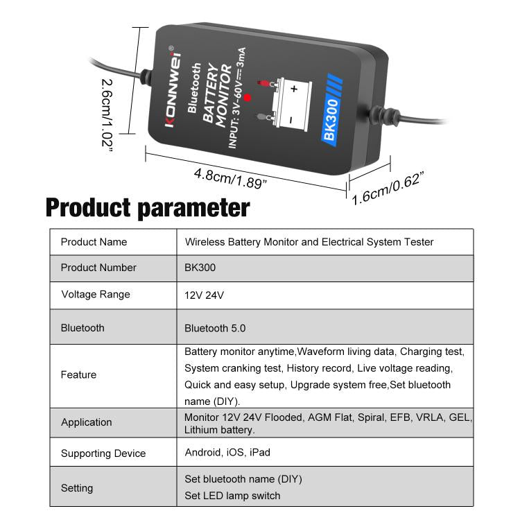 Strumento diagnostico per il monitoraggio della batteria dell'auto KONNWEI BK300 6V / 12V / 24V con Bluetooth 5.0., BK300