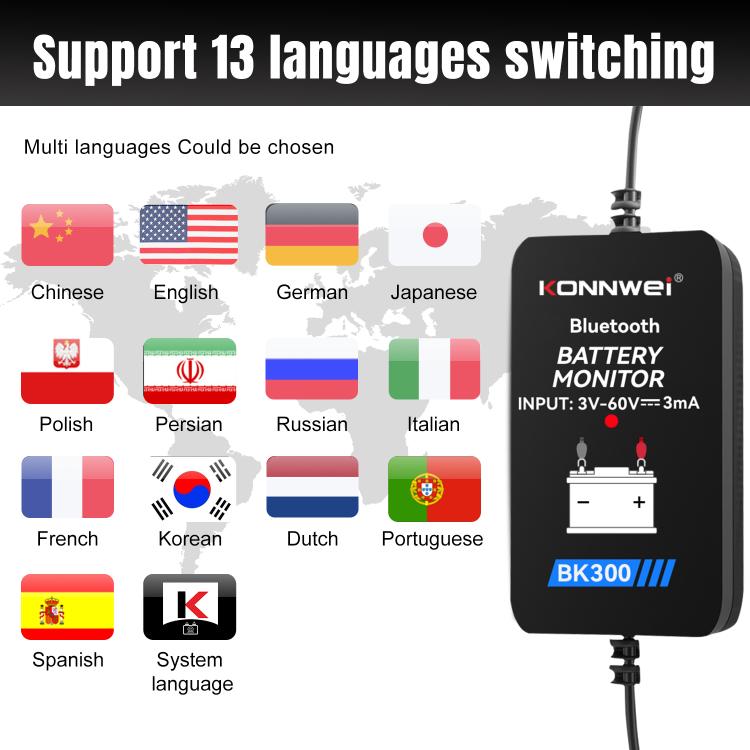 Strumento diagnostico per il monitoraggio della batteria dell'auto KONNWEI BK300 6V / 12V / 24V con Bluetooth 5.0., BK300