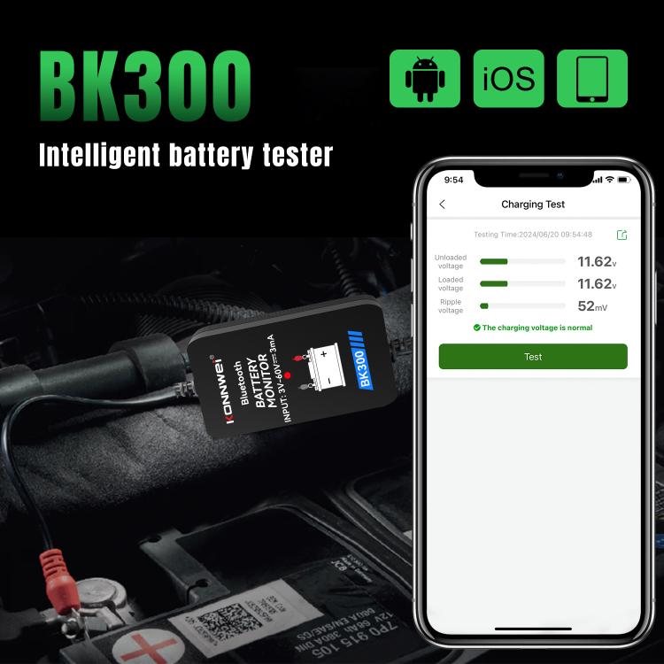 Strumento diagnostico per il monitoraggio della batteria dell'auto KONNWEI BK300 6V / 12V / 24V con Bluetooth 5.0., BK300