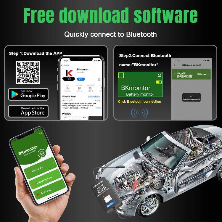 Strumento diagnostico per il monitoraggio della batteria dell'auto KONNWEI BK300 6V / 12V / 24V con Bluetooth 5.0., BK300