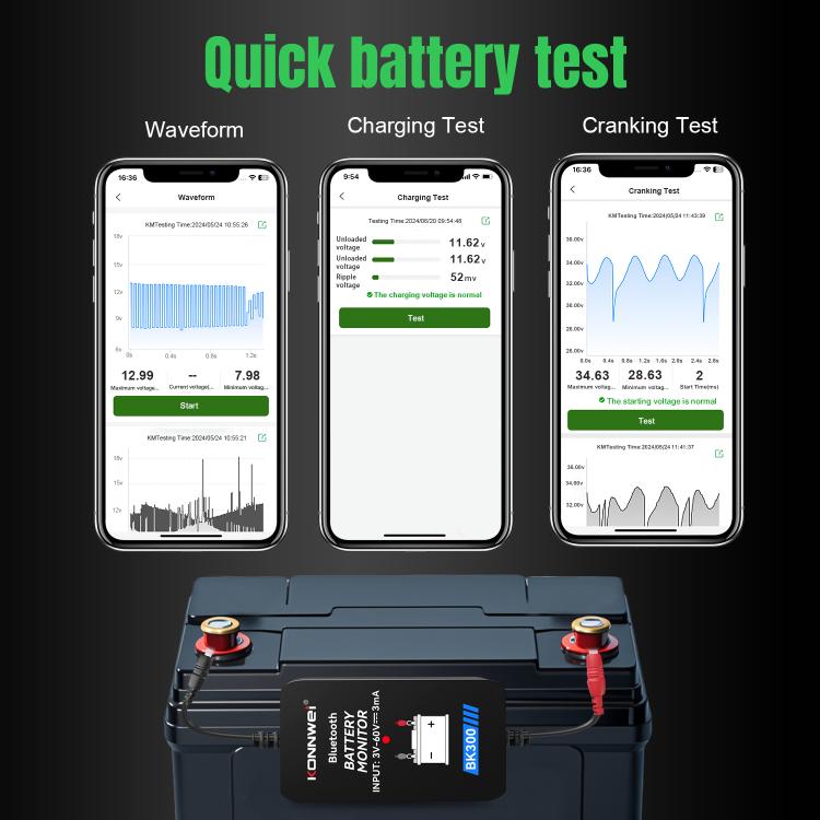 Strumento diagnostico per il monitoraggio della batteria dell'auto KONNWEI BK300 6V / 12V / 24V con Bluetooth 5.0., BK300