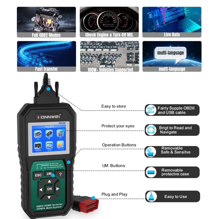 Strumento di diagnosi OBD2 per auto KONNWEI KW420 con schermo a colori da 2,8 pollici per Honda, KW420