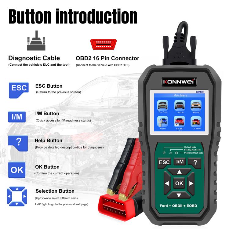 Strumento di diagnosi OBD2 per auto KONNWEI KW470 con schermo a colori da 2,8 pollici per Ford, KW470