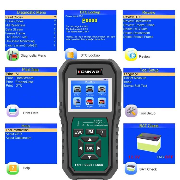Strumento di diagnosi OBD2 per auto KONNWEI KW470 con schermo a colori da 2,8 pollici per Ford, KW470