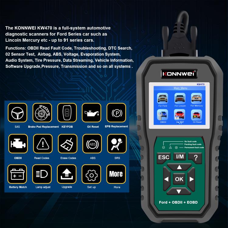 Strumento di diagnosi OBD2 per auto KONNWEI KW470 con schermo a colori da 2,8 pollici per Ford, KW470