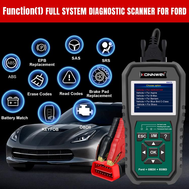 Strumento di diagnosi OBD2 per auto KONNWEI KW470 con schermo a colori da 2,8 pollici per Ford, KW470