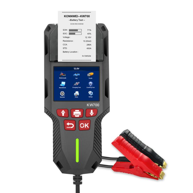 KONNWEI KW700 Tester per batterie auto 12V/24V con schermo a colori da 2,8 pollici e stampante integrata, KW700