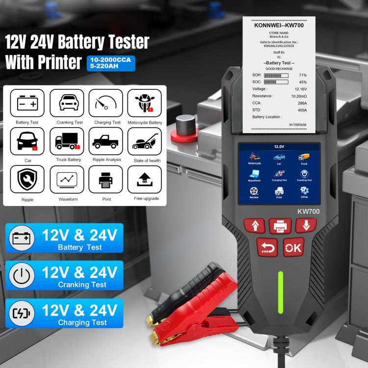 KONNWEI KW700 Tester per batterie auto 12V/24V con schermo a colori da 2,8 pollici e stampante integrata, KW700