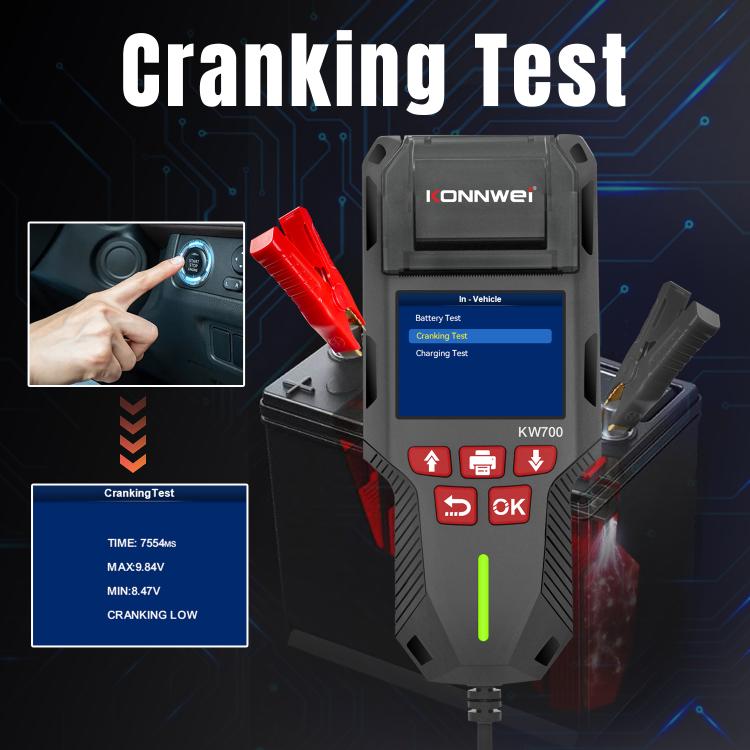 KONNWEI KW700 Tester per batterie auto 12V/24V con schermo a colori da 2,8 pollici e stampante integrata, KW700