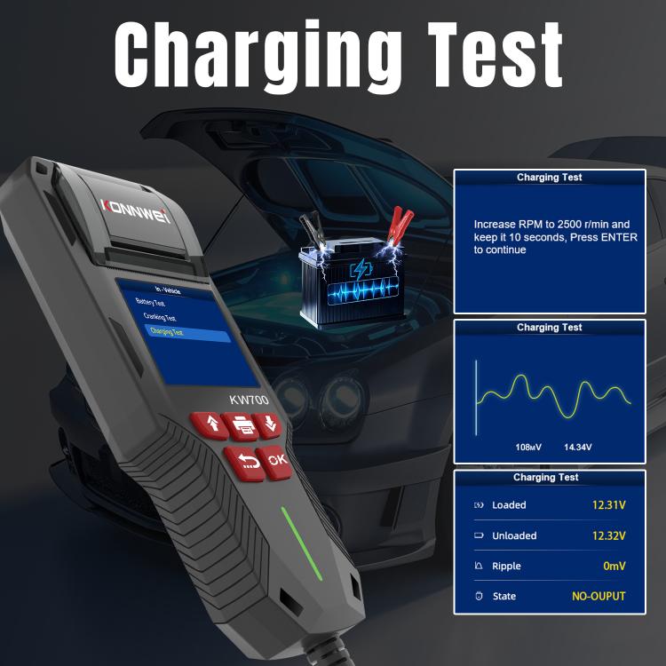KONNWEI KW700 Tester per batterie auto 12V/24V con schermo a colori da 2,8 pollici e stampante integrata, KW700