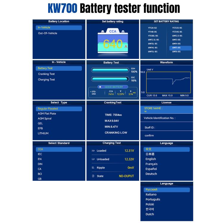 KONNWEI KW700 Tester per batterie auto 12V/24V con schermo a colori da 2,8 pollici e stampante integrata, KW700