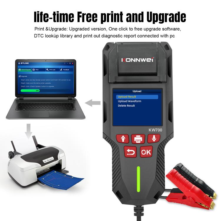 KONNWEI KW700 Tester per batterie auto 12V/24V con schermo a colori da 2,8 pollici e stampante integrata, KW700