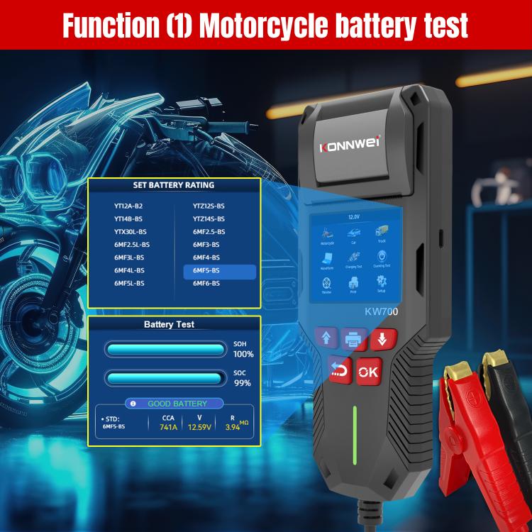 KONNWEI KW700 Tester per batterie auto 12V/24V con schermo a colori da 2,8 pollici e stampante integrata, KW700