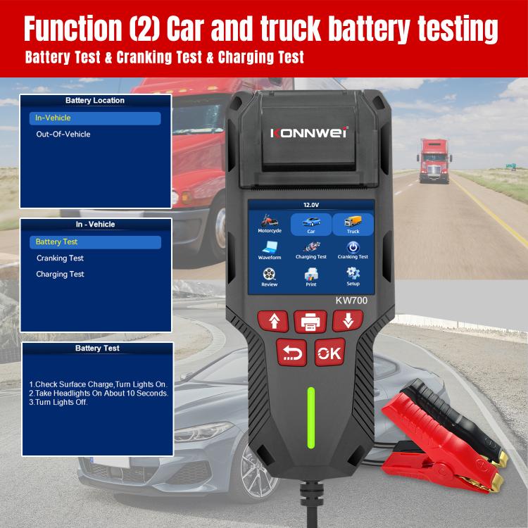 KONNWEI KW700 Tester per batterie auto 12V/24V con schermo a colori da 2,8 pollici e stampante integrata, KW700