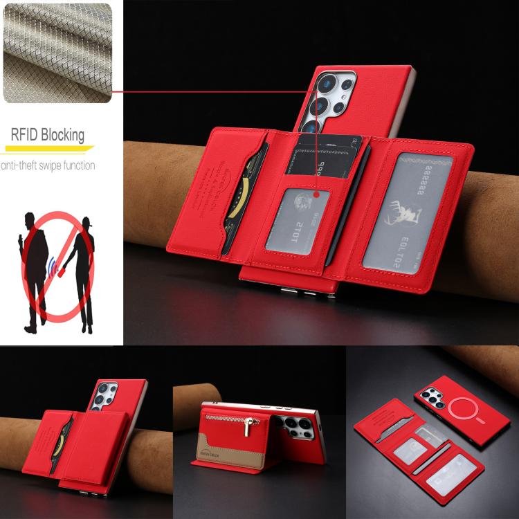 Portafoglio magnetico orizzontale con cerniera, custodia per telefono RFID MagSafe, For Samsung Galaxy S24 Ultra 5G, For Samsung Galaxy S24+ 5G, For Samsung Galaxy S24 5G, For Samsung Galaxy S23 Ultra 5G