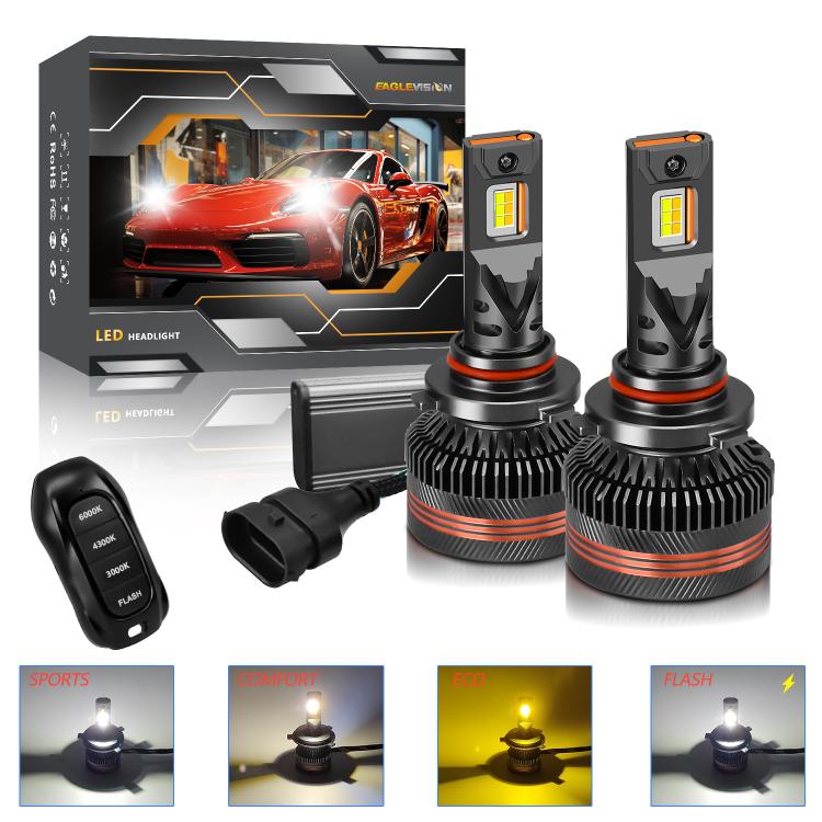 Confezione da 2 lampadine a LED per fari auto a tre colori, 60W, 8000LM, 6000K, con telecomando., 9005, 9006, H1, H4, H7, H11