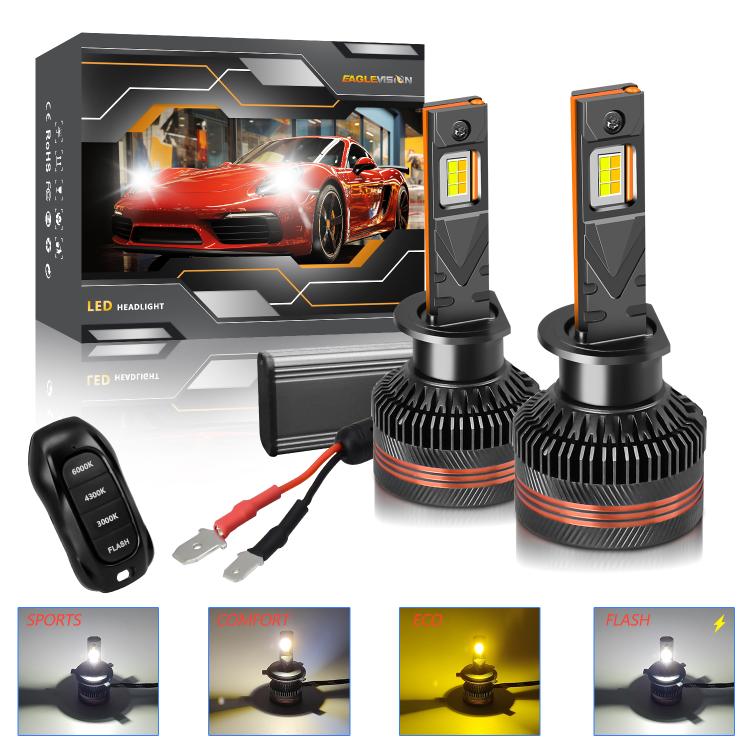 Confezione da 2 lampadine a LED per fari auto a tre colori, 60W, 8000LM, 6000K, con telecomando., 9005, 9006, H1, H4, H7, H11