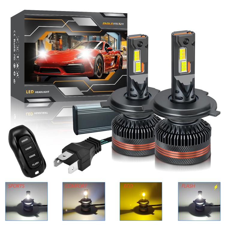 Confezione da 2 lampadine a LED per fari auto a tre colori, 60W, 8000LM, 6000K, con telecomando., 9005, 9006, H1, H4, H7, H11