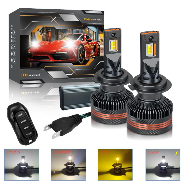 Confezione da 2 lampadine a LED per fari auto a tre colori, 60W, 8000LM, 6000K, con telecomando., 9005, 9006, H1, H4, H7, H11