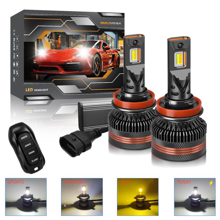 Confezione da 2 lampadine a LED per fari auto a tre colori, 60W, 8000LM, 6000K, con telecomando., 9005, 9006, H1, H4, H7, H11