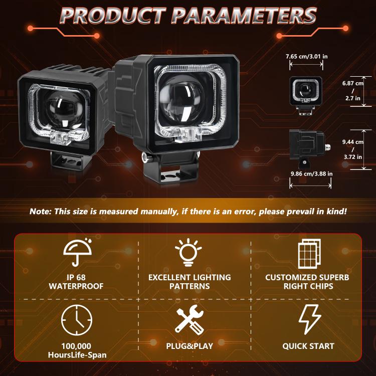 Confezione da 2 pezzi, faretto quadrato HD da 35W, 3600LM, 6500K per auto, luce da lavoro.