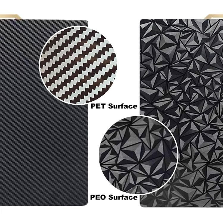 Piastra di costruzione per stampante 3D a doppia faccia in PET, fibra di carbonio, PEO, pellicola diamantata, 220x220mm, 235x235mm, 257x257mm, 300x300mm, 310x315mm, 355x355mm, 377x370mm