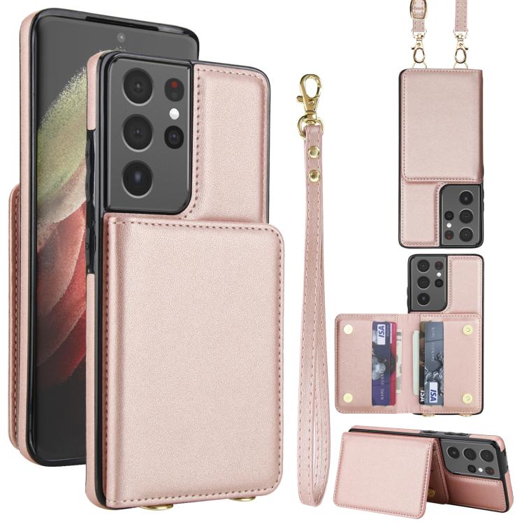 Portafoglio a tracolla con doppia fibbia, retro RFID e custodia in pelle per telefono., For Samsung Galaxy S21 5G, For Samsung Galaxy S21+ 5G, For Samsung Galaxy S21 Ultra 5G