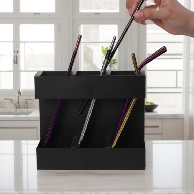 Porta posate in metallo a tre scomparti per cannucce, organizer da cucina, without Soft Magnetic Sheet, with 9pcs Soft Magnetic Sheet