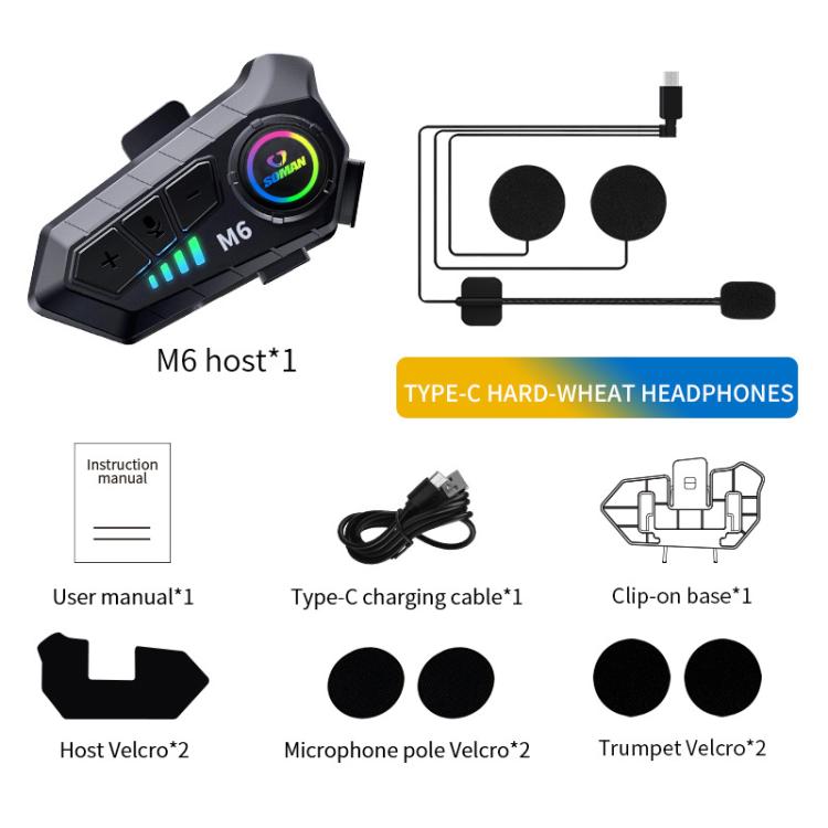 SOMAN Motorcycle Helmet Bluetooth Headset Stereo Voice Microphone, M6-Hard Mic, M6-Soft Mic