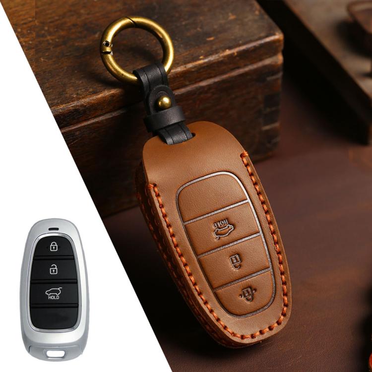 Cover protettiva in pelle bovina Crazy Horse a 3 pulsanti per chiave auto Hyundai Saria / Sonata B121, For Hyundai Staria 3-button, For Hyundai Staria / Sonata 3-button