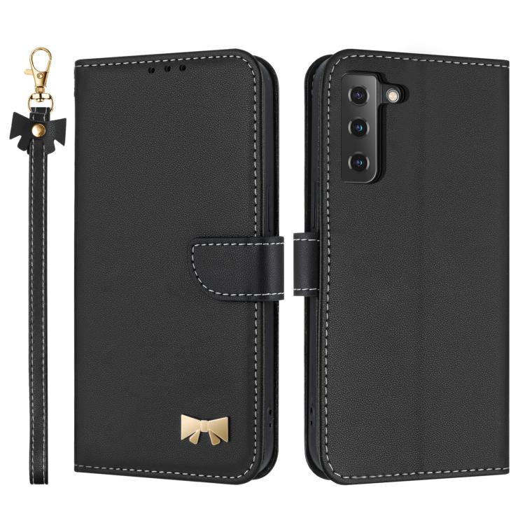 Custodia per telefono in pelle con fiocco in metallo e cinturino da polso, For Samsung Galaxy S22+ 5G, For Samsung Galaxy S22 5G