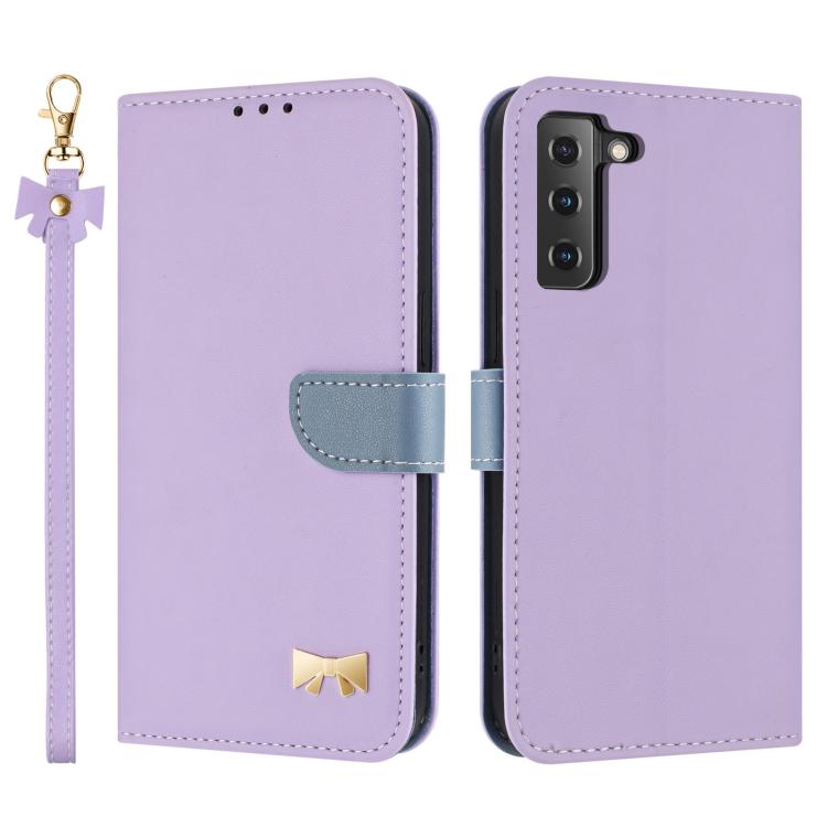 Custodia per telefono in pelle con fiocco in metallo e cinturino da polso, For Samsung Galaxy S22+ 5G, For Samsung Galaxy S22 5G