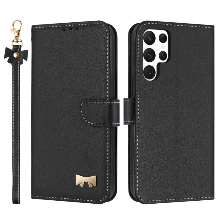 Custodia per telefono in pelle con fiocco in metallo e cinturino da polso, For Samsung Galaxy S23 Ultra 5G, For Samsung Galaxy S23+ 5G, For Samsung Galaxy S23 5G, For Samsung Galaxy S22 Ultra 5G
