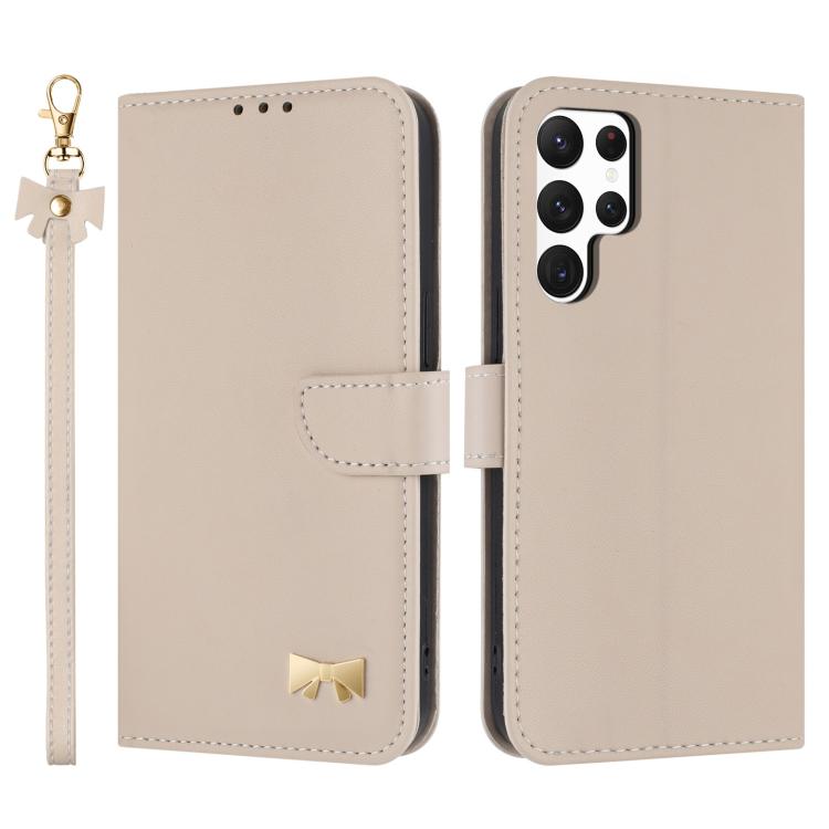 Custodia per telefono in pelle con fiocco in metallo e cinturino da polso, For Samsung Galaxy S23 Ultra 5G, For Samsung Galaxy S23+ 5G, For Samsung Galaxy S23 5G, For Samsung Galaxy S22 Ultra 5G