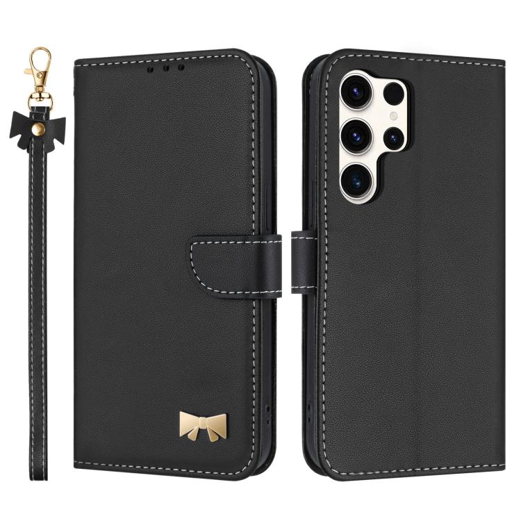 Custodia per telefono in pelle con fiocco in metallo e cinturino da polso, For Samsung Galaxy S25 Ultra 5G, For Samsung Galaxy S24 FE 5G, For Samsung Galaxy S24 Ultra 5G, For Samsung Galaxy S23 FE 5G