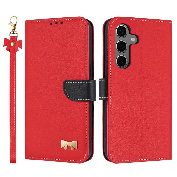 Custodia per telefono in pelle con fiocco in metallo e cinturino da polso, For Samsung Galaxy S25 FE 5G, For Samsung Galaxy S25 Edge 5G, For Samsung Galaxy S25 / S24 5G, For Samsung Galaxy S25+ / S24+ 5G