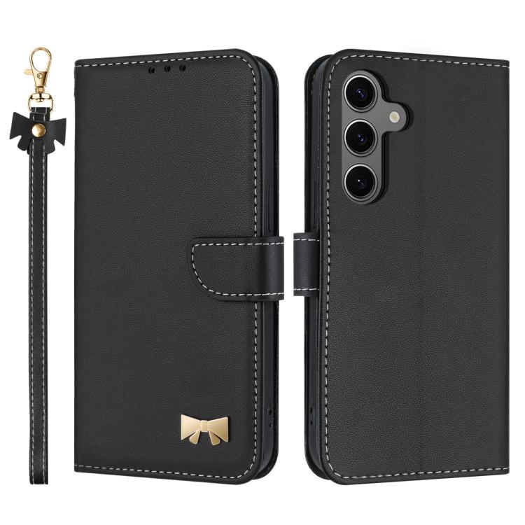 Custodia per telefono in pelle con fiocco in metallo e cinturino da polso, For Samsung Galaxy S25 FE 5G, For Samsung Galaxy S25 Edge 5G, For Samsung Galaxy S25 / S24 5G, For Samsung Galaxy S25+ / S24+ 5G