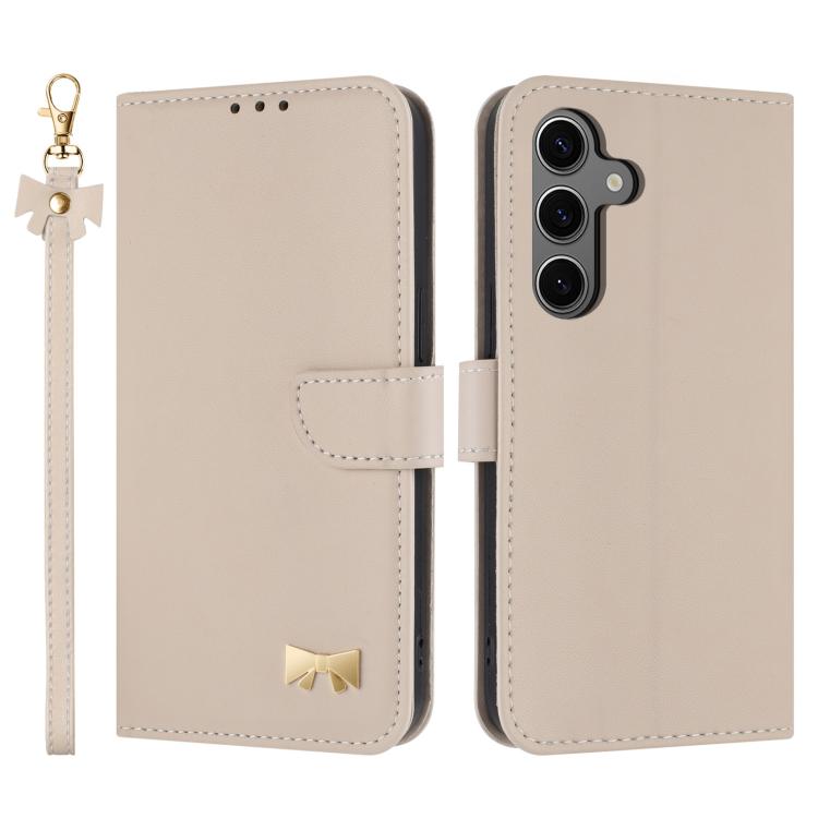 Custodia per telefono in pelle con fiocco in metallo e cinturino da polso, For Samsung Galaxy S25 FE 5G, For Samsung Galaxy S25 Edge 5G, For Samsung Galaxy S25 / S24 5G, For Samsung Galaxy S25+ / S24+ 5G