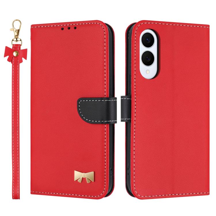 Custodia per telefono in pelle con fiocco in metallo e cinturino da polso, For Samsung Galaxy S25 FE 5G, For Samsung Galaxy S25 Edge 5G, For Samsung Galaxy S25 / S24 5G, For Samsung Galaxy S25+ / S24+ 5G
