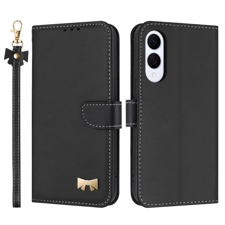 Custodia per telefono in pelle con fiocco in metallo e cinturino da polso, For Samsung Galaxy S25 FE 5G, For Samsung Galaxy S25 Edge 5G, For Samsung Galaxy S25 / S24 5G, For Samsung Galaxy S25+ / S24+ 5G