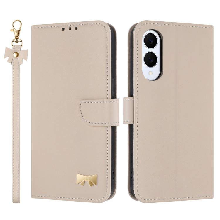 Custodia per telefono in pelle con fiocco in metallo e cinturino da polso, For Samsung Galaxy S25 FE 5G, For Samsung Galaxy S25 Edge 5G, For Samsung Galaxy S25 / S24 5G, For Samsung Galaxy S25+ / S24+ 5G