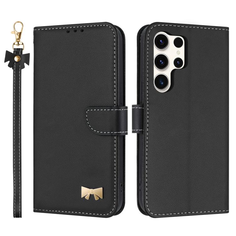 Custodia per telefono in pelle con fiocco in metallo e cinturino da polso, For Galaxy S26 FE 5G, For Samsung Galaxy S26+ 5G, For Samsung Galaxy S26 Ultra 5G, For Samsung Galaxy S26 5G