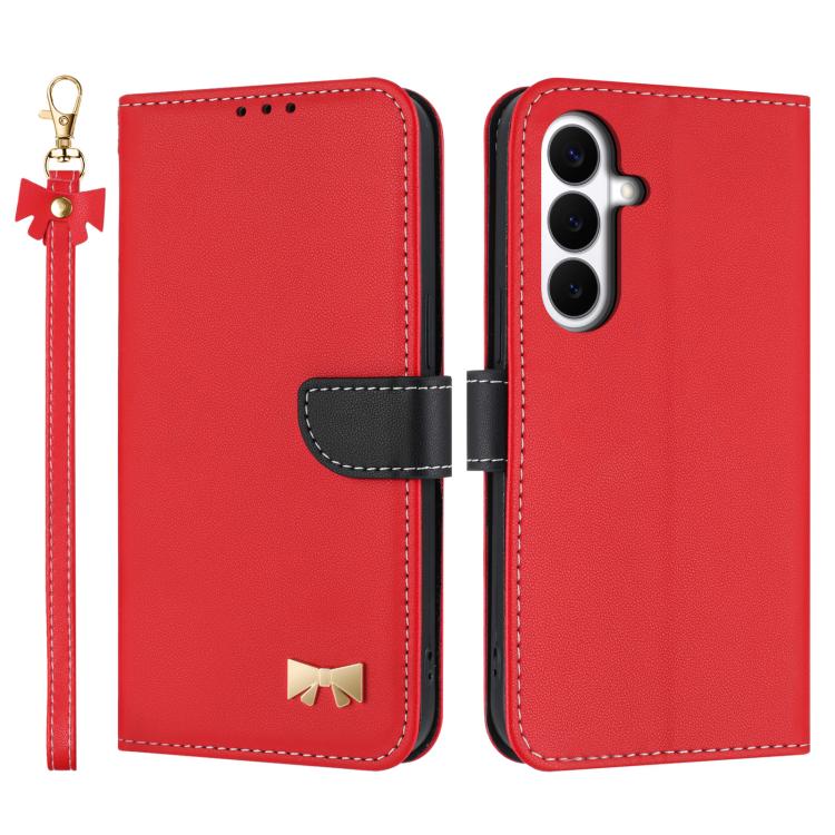 Custodia per telefono in pelle con fiocco in metallo e cinturino da polso, For Galaxy S26 FE 5G, For Samsung Galaxy S26+ 5G, For Samsung Galaxy S26 Ultra 5G, For Samsung Galaxy S26 5G