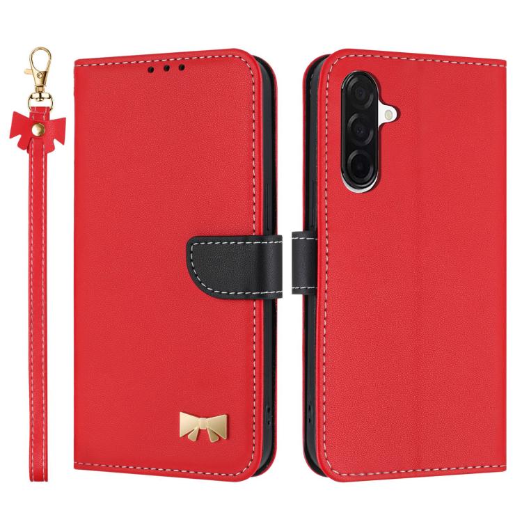 Custodia per telefono in pelle con fiocco in metallo e cinturino da polso, For Samsung Galaxy A26 5G / A17 5G, For Samsung Galaxy A36 / A56 5G, For Samsung Galaxy A16 4G / 5G, For Samsung Galaxy A15 4G / 5G