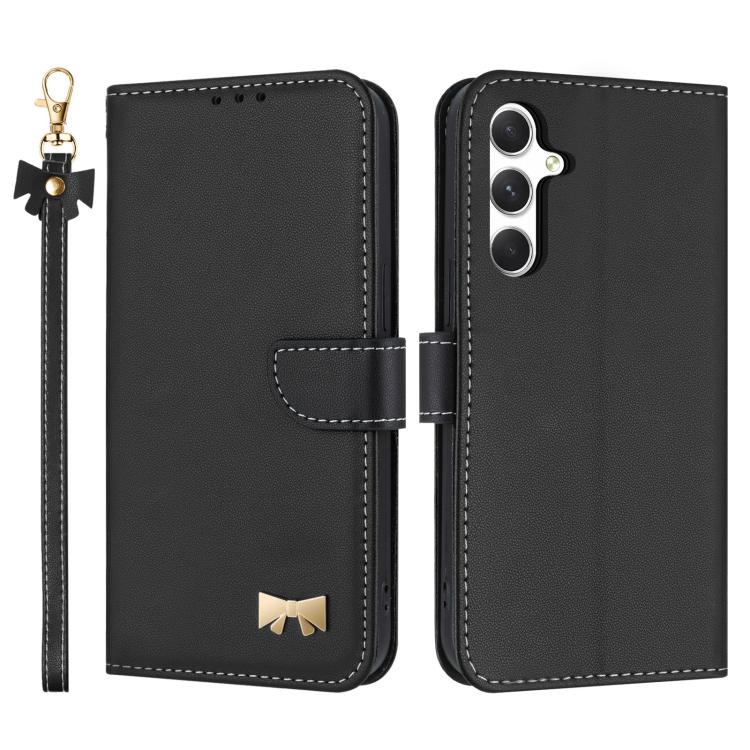 Custodia per telefono in pelle con fiocco in metallo e cinturino da polso, For Samsung Galaxy A14 4G / 5G, For Samsung Galaxy A24 5G, For Samsung Galaxy A34 5G, For Samsung Galaxy A54 5G