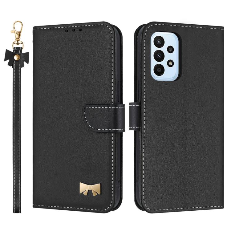 Custodia per telefono in pelle con fiocco in metallo e cinturino da polso, For Samsung Galaxy A55 5G, For Samsung Galaxy A35 5G, For Samsung Galaxy A25 5G Global, For Samsung Galaxy A23 4G / 5G